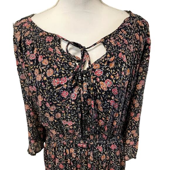 Old Navy 3/4 Sleeve Black Dress with Small Orange Red Flowers Large Midi Length - Picture 3 of 4